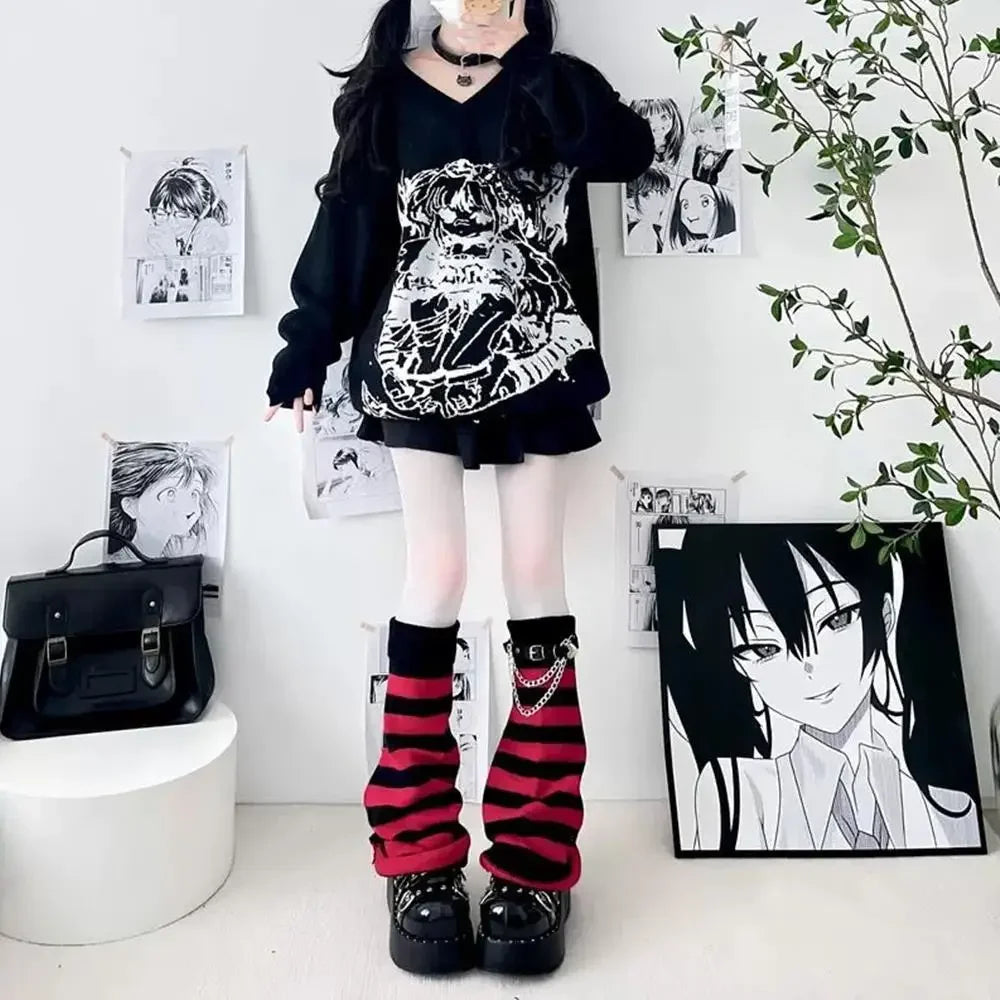 Black White Lolita Long Socks Knitted Japanese Winter Socks Gothic Women's Striped Leg Warmers Arm Ankle Warmers Wide Legs Cover