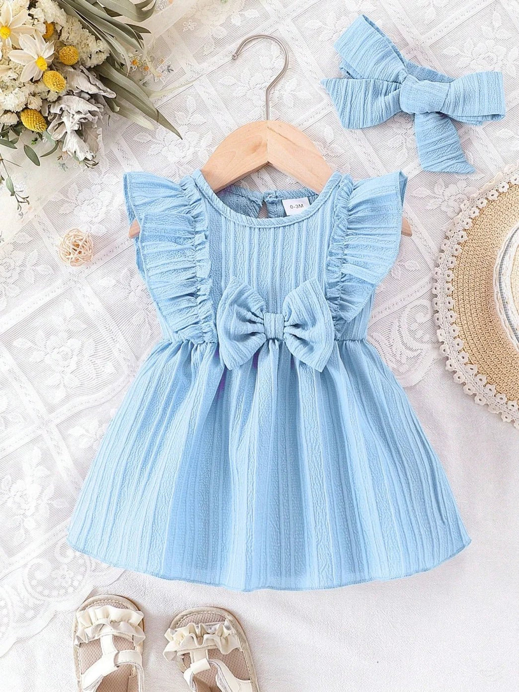 Baby girl Summer Blue dress with Ruffled Edges and Bow, Sweet and Cute Style Dress suitable for 0 - 3 Year old Cute Baby girls - lily supply