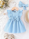 Baby girl Summer Blue dress with Ruffled Edges and Bow, Sweet and Cute Style Dress suitable for 0 - 3 Year old Cute Baby girls - lily supply