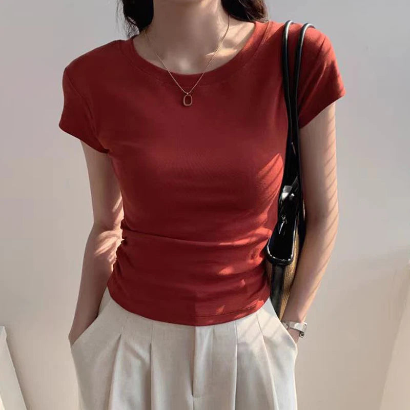Women's 100% Cotton O-Neck Slim Y2K T-Shirt