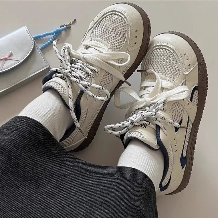 Women's Versatile Summer Sporty Breathable Mesh Slip - On Sneakers Trendy Cross - Tie Color - Block Flat Round - Toe Rubber - Soled Shoes - lily supply