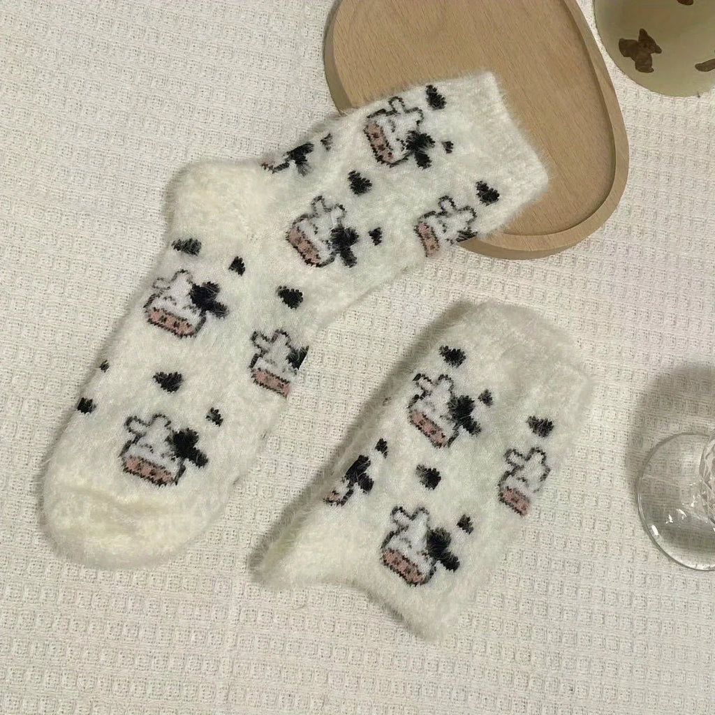 Women's Cute Cow Print Warm Plush Socks – Fluffy Novelty Socks - lily supply