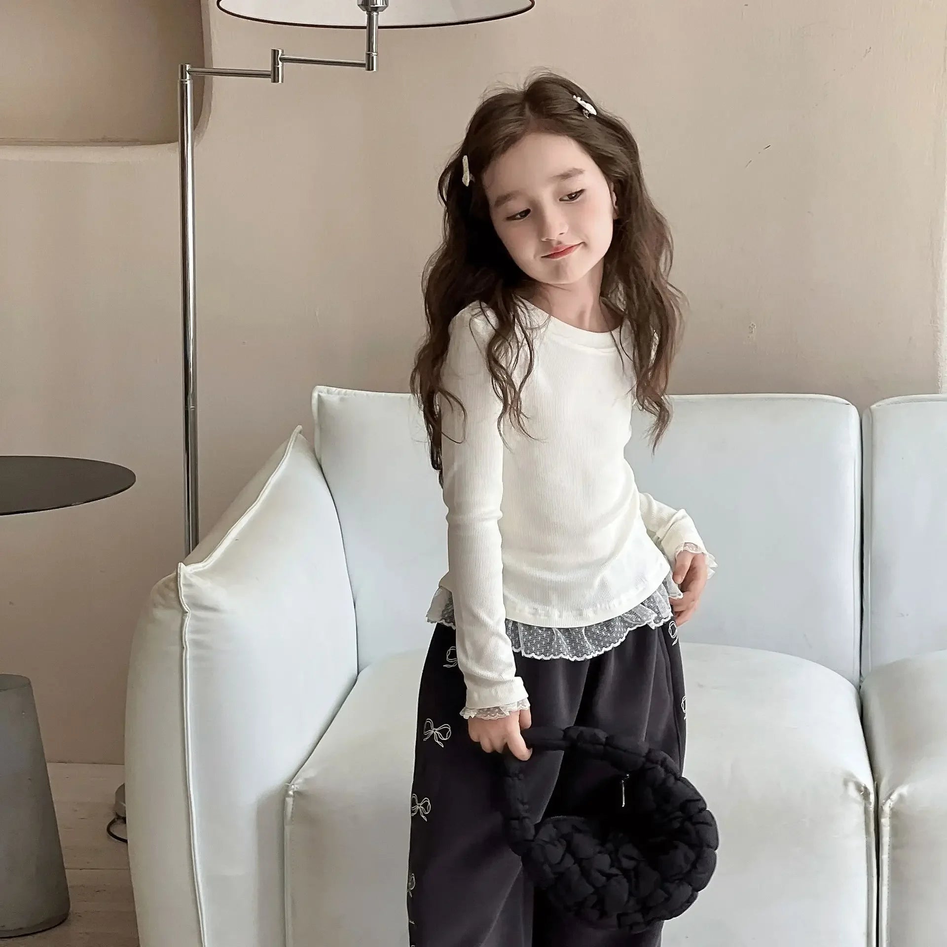 Girls Lace T-shirt 2024 Autumn New Slim - fit Top Children's High - elastic Knitted Top - lily supply