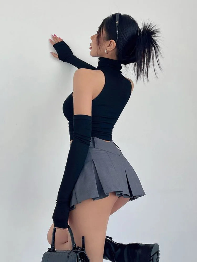 Women's High Neck Pleated Y2K Crop Top