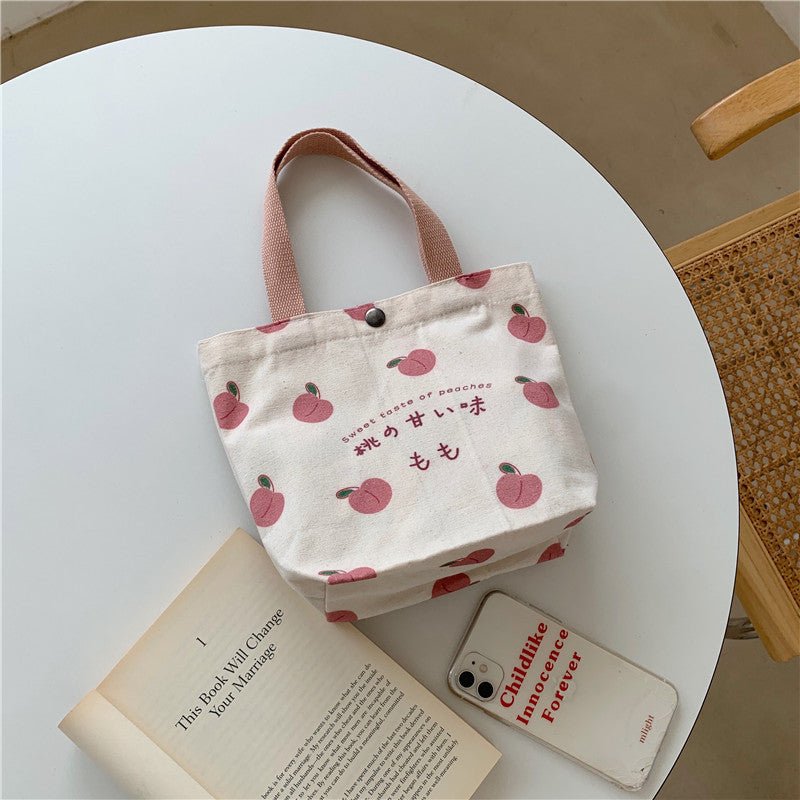 Japanese Peach Canvas Lunch Bag - Korean Mini Student Picnic Travel Bento Tote - lily supply