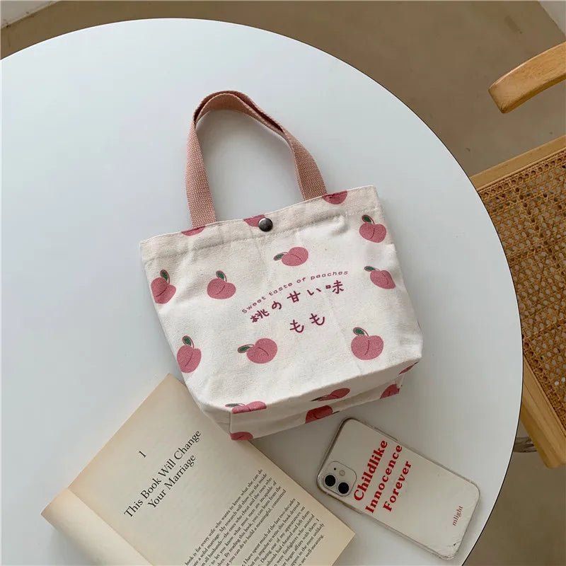 Japanese Peach Canvas Lunch Bag - Korean Mini Student Picnic Travel Bento Tote - lily supply