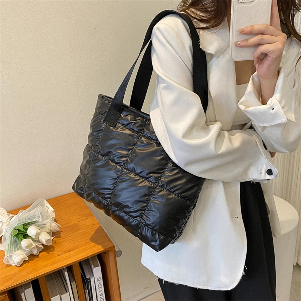 Women's Quilted Rhombus Cotton Padded Tote Bag - Large Capacity Shopping Bag - lily supply