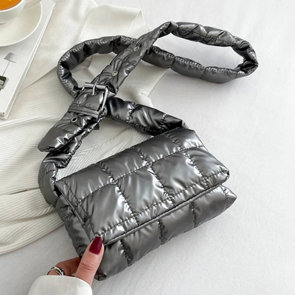 Fashion Quilted Padded Tote Bag - Warm Down Cotton Plaid Shoulder Bag