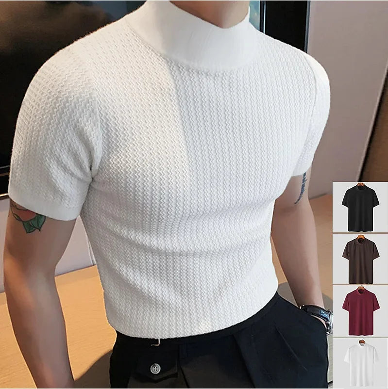 Men's High Neck Knitted Water Ripple T-Shirt