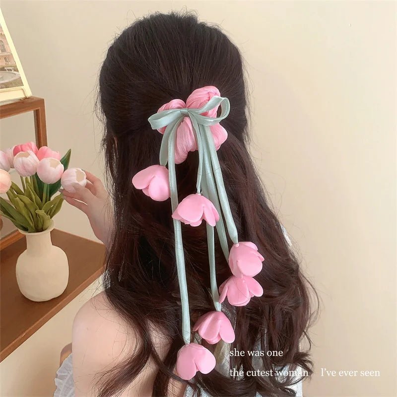 Lily of the Valley & Tulips Floral Scrunchie - Dangling Ribbon Hair Tie - lily supply