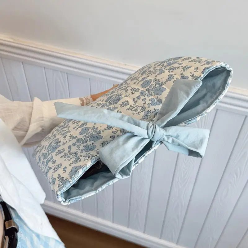 Blue Floral Bow Cotton Linen Tote Bag - Lightweight Daily & Beach Shoulder Bag - lily supply