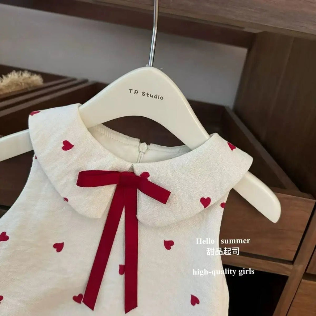 Girls Sweet Heart Print Doll Neck Tank Dress | Korean Style Cotton Summer Dress Ages 3 - 8Y - lily supply
