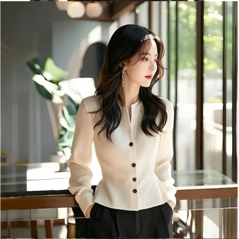 White Temperament Short Shirt Tops Long Sleeve Solid Button Elegant Blouse Spring Autumn New Elegant Fashion Women Clothing