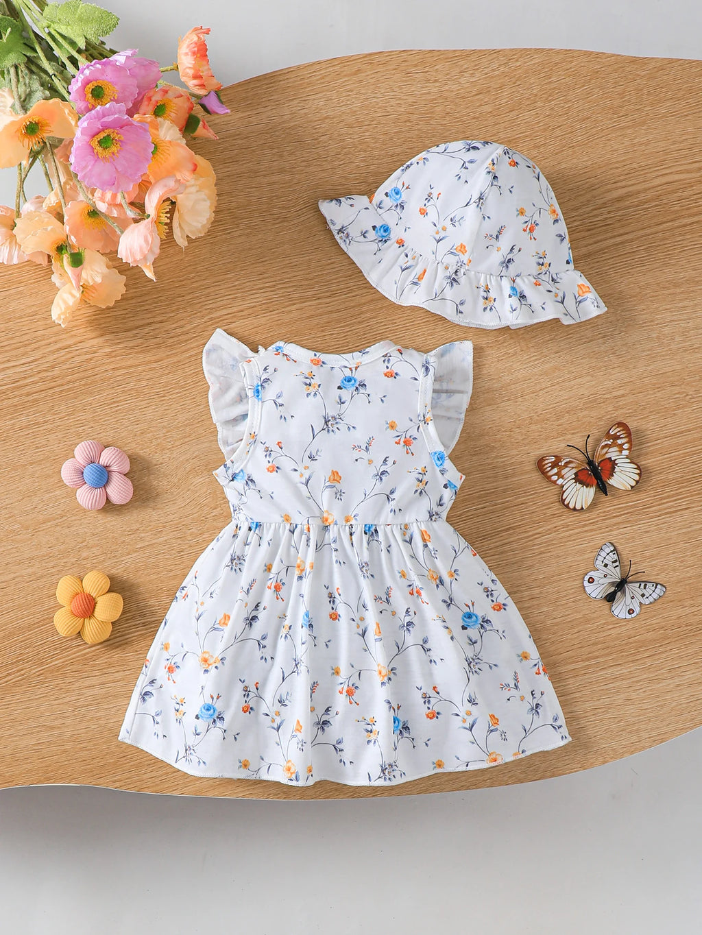 Baby Girl Casual Dress with Hat – Round Neck Ruffled Bow Set