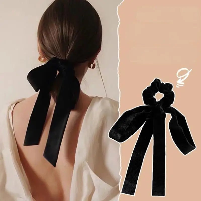 Vintage Black Velvet Bow Hair Ribbon Scrunchie - Long Elastic Hair Tie - lily supply
