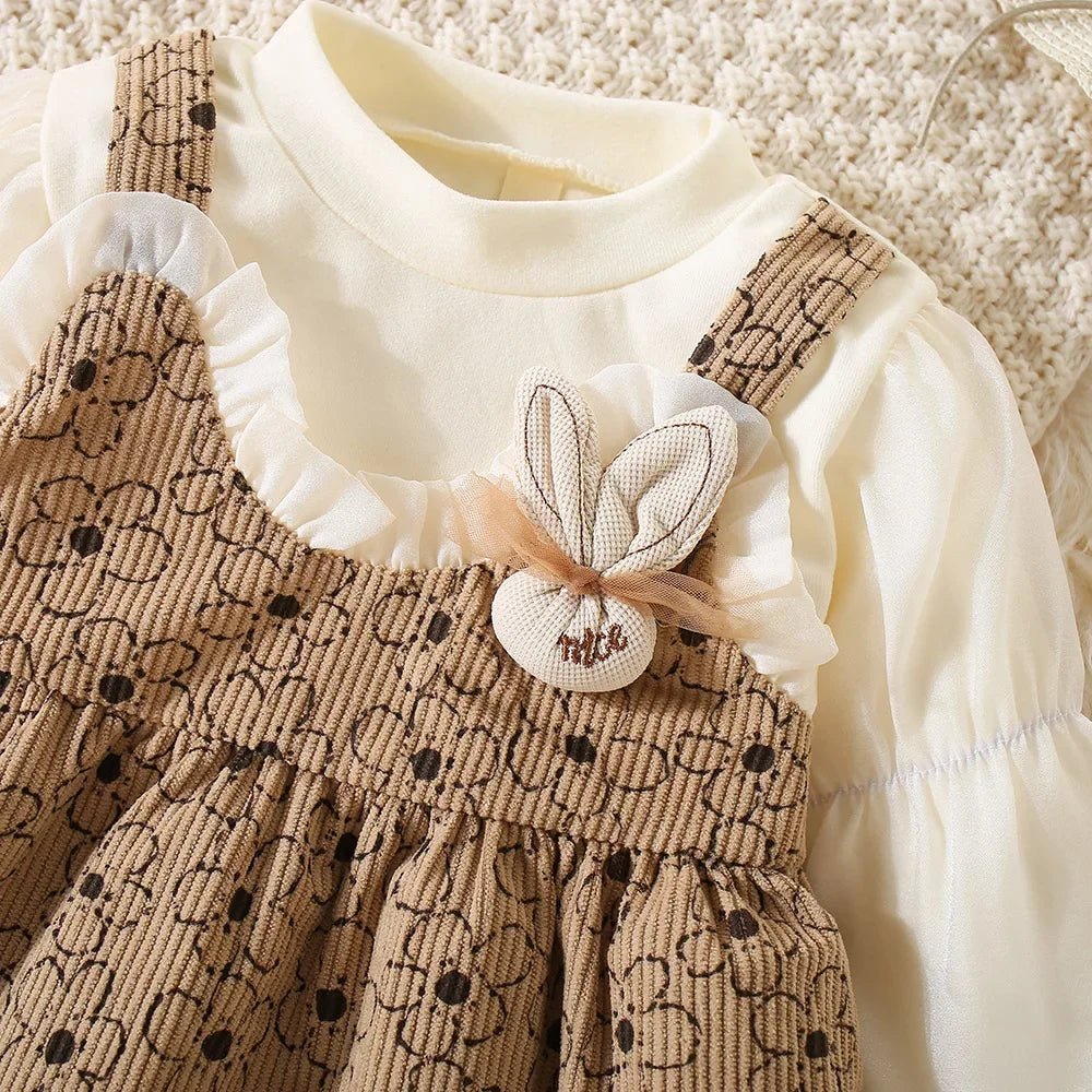 Girls Floral Puff Sleeve Autumn Dress | Bunny Lace Baby Girl Dress 9M - 3Y - lily supply