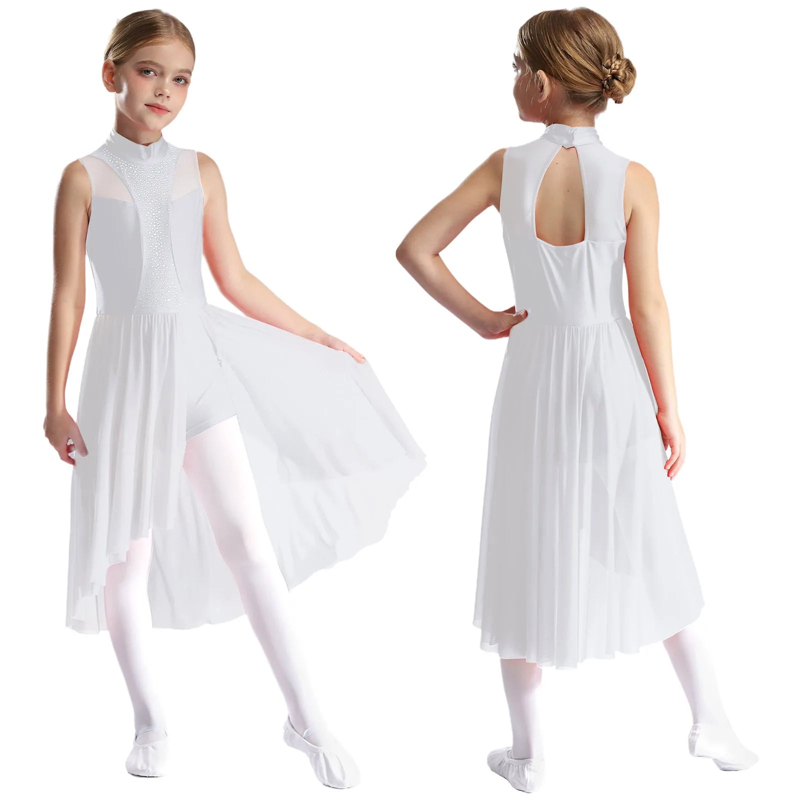 Girls Lyrical Dance Dress | Rhinestone Mesh Keyhole Back Leotard Costume Size 6 - 16 - lily supply
