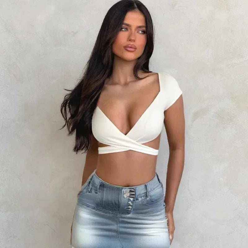 Women's V-Neck High Waisted Push Up Crop Top