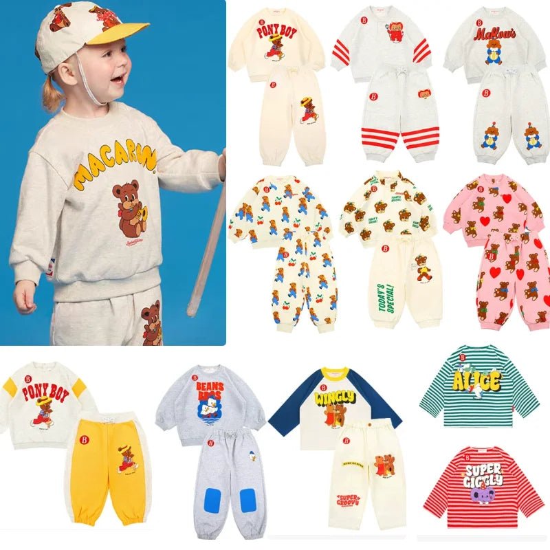 Children's Sports Shirt Set 2025 Spring New Cartoon Korean Edition Boys' Hoodie Cotton Pink Printed Girls' Top Striped T-shirt - lily supply