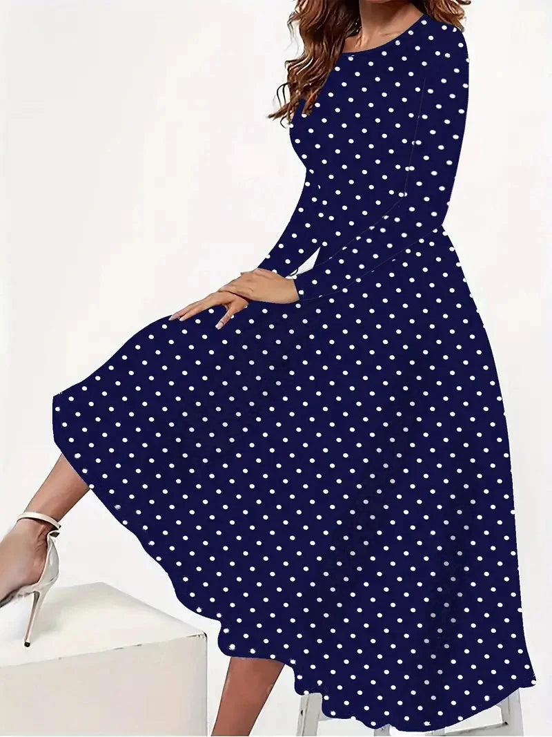 Women's Polka Dot Pocket Long Sleeve Dress