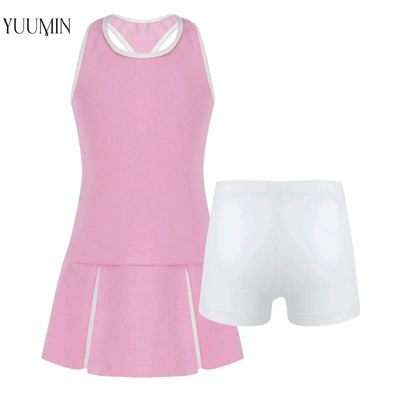 Kids Girls Golf Tennis Dress with Shorts Underpants Outfits Solid Color Sleeveless Sports Dress Workout Outfits - lily supply