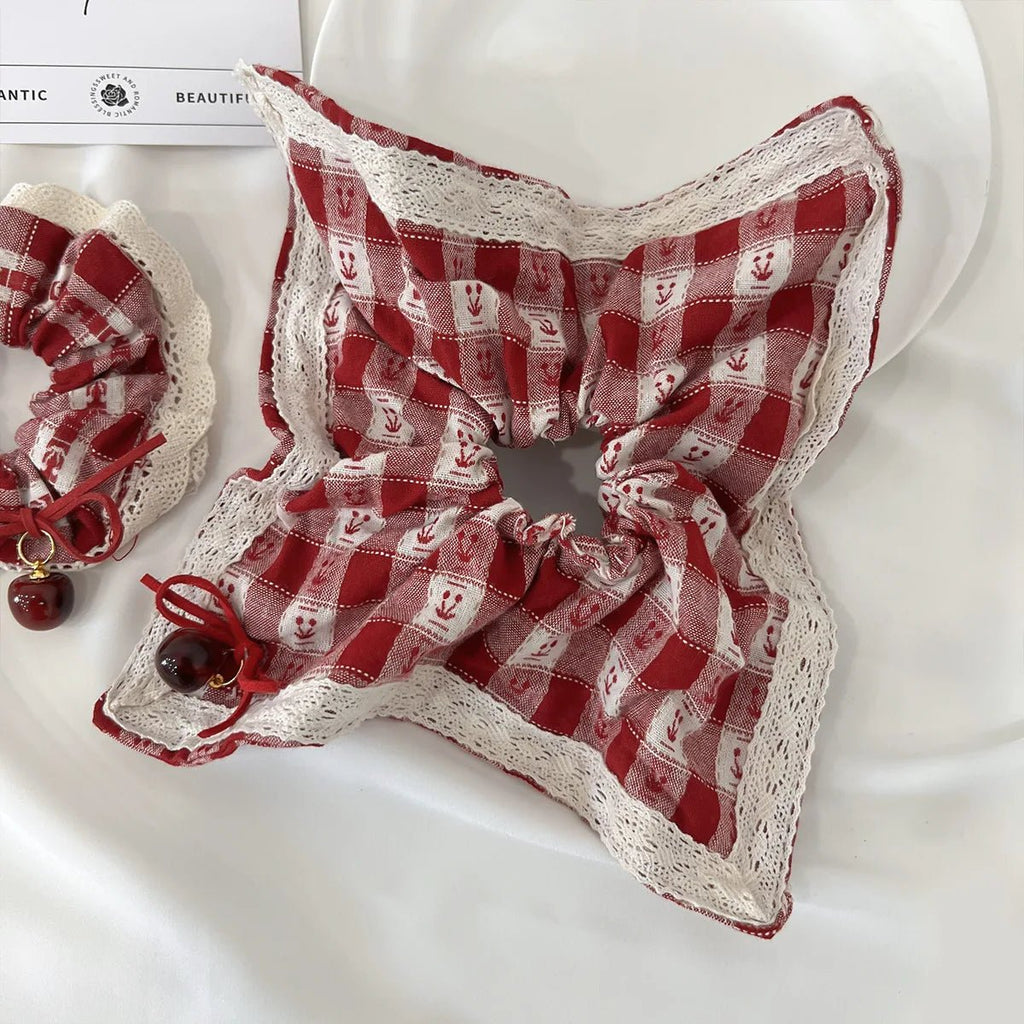 Red Check Cherry Lace Scrunchie - Sweet Square Scarf Hair Rope - lily supply