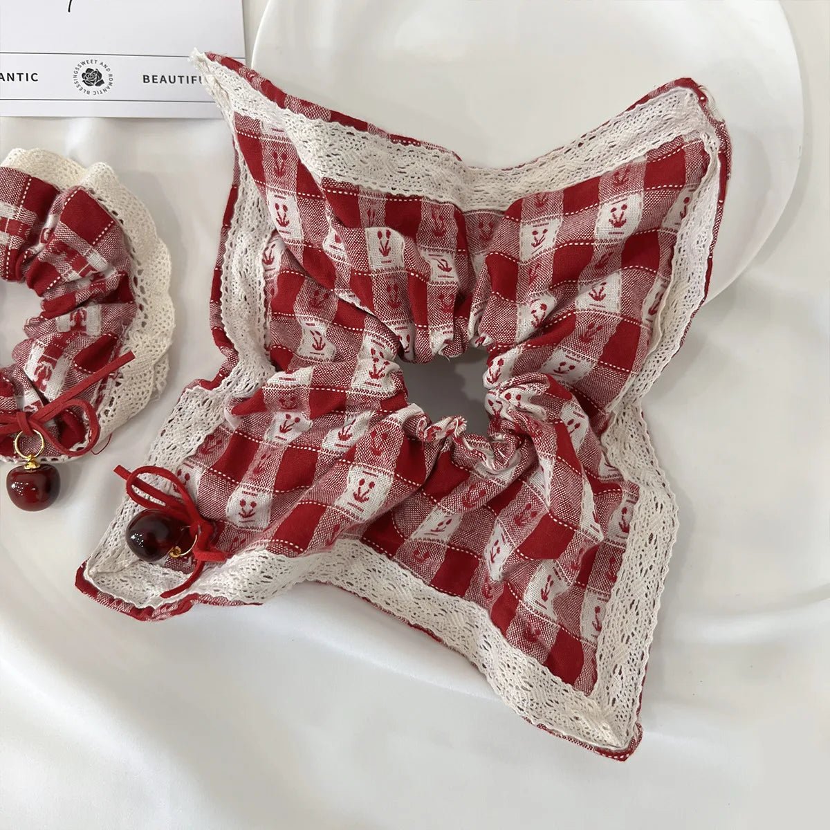 Red Check Cherry Lace Scrunchie - Sweet Square Scarf Hair Rope - lily supply