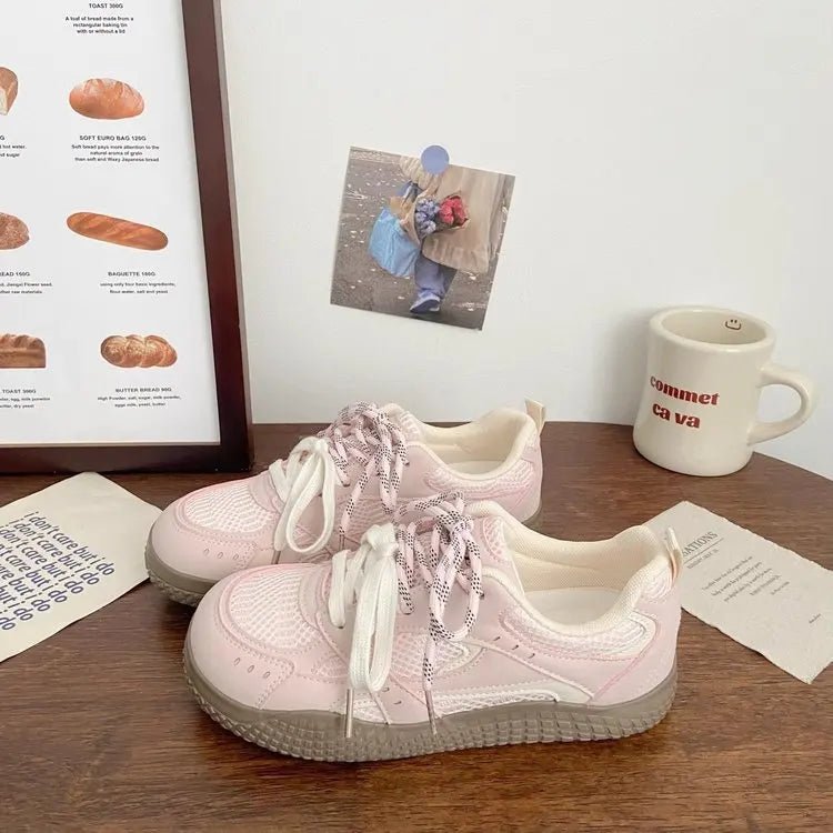 Women's Versatile Summer Sporty Breathable Mesh Slip - On Sneakers Trendy Cross - Tie Color - Block Flat Round - Toe Rubber - Soled Shoes - lily supply