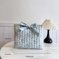 Blue Floral Bow Cotton Linen Tote Bag - Lightweight Daily & Beach Shoulder Bag - lily supply