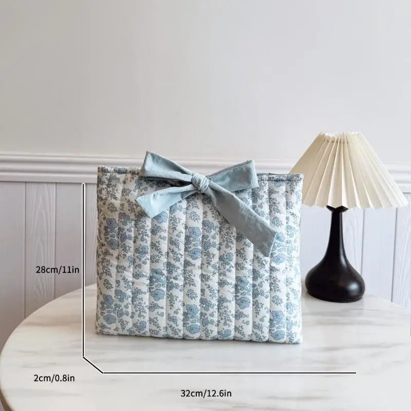 Blue Floral Bow Cotton Linen Tote Bag - Lightweight Daily & Beach Shoulder Bag - lily supply