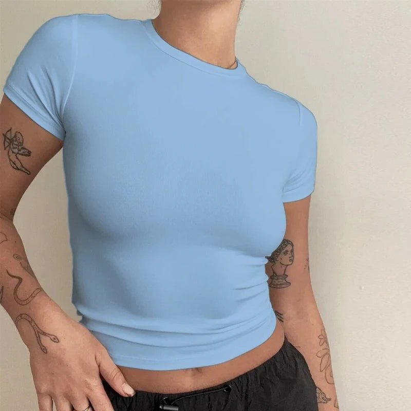 Woman Clothing Short Sleeve T-shirt Slim Fit Tops Female O - Neck Knitted Sheath Tee Shirt Street Wear Sex Sporty 2024 Y2K New2410 - lily supply