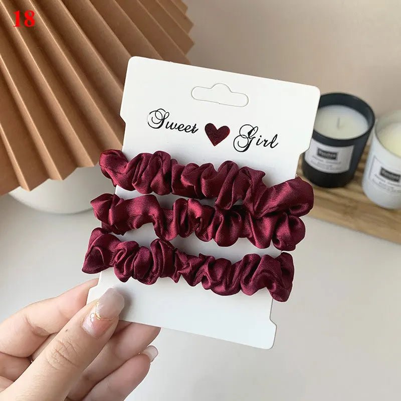 3pcs Silk Satin Solid Colour Pleated Scrunchies Set - lily supply