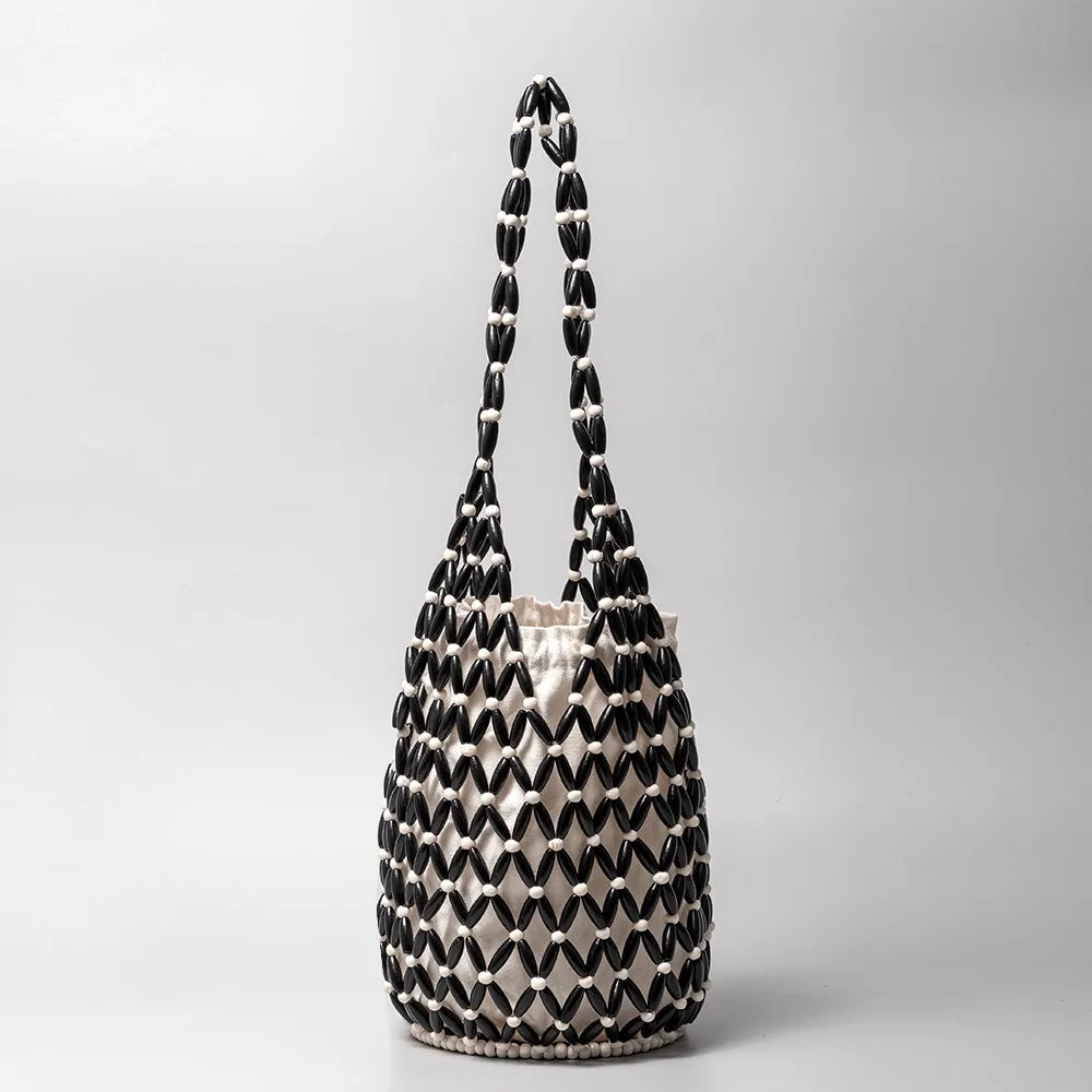 Women Woven Hand Bag Exquisite Design Hollow-out Wooden Bead Tote Bucket Shoulder Bag Female Handmade Beaded Handbag