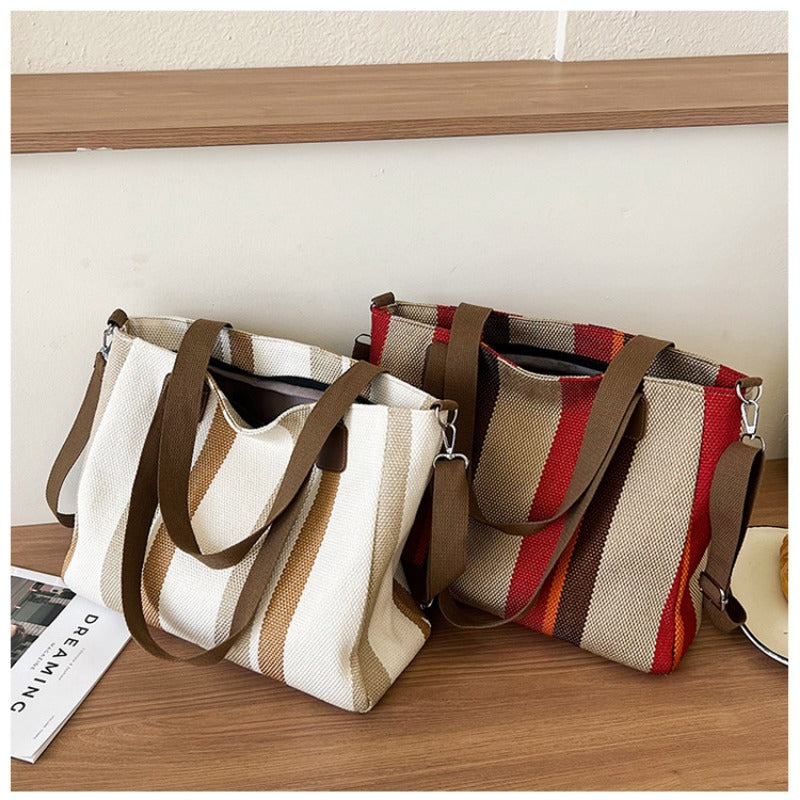 Women's Striped Canvas Crossbody Shoulder Bag - Large Tote 2023