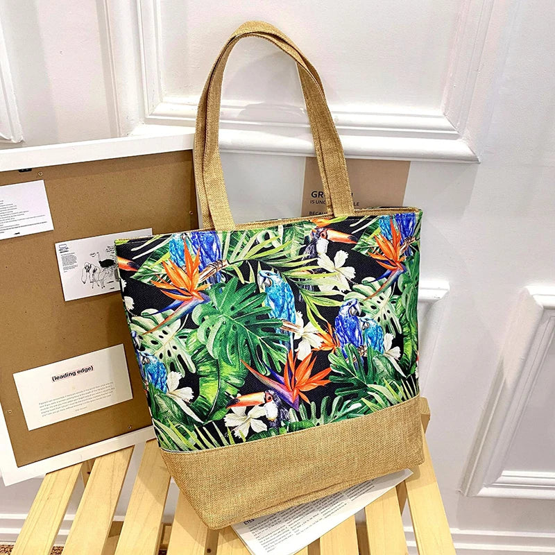 Women's Floral Printed Beach Shopping Large Capacity Tote Bag