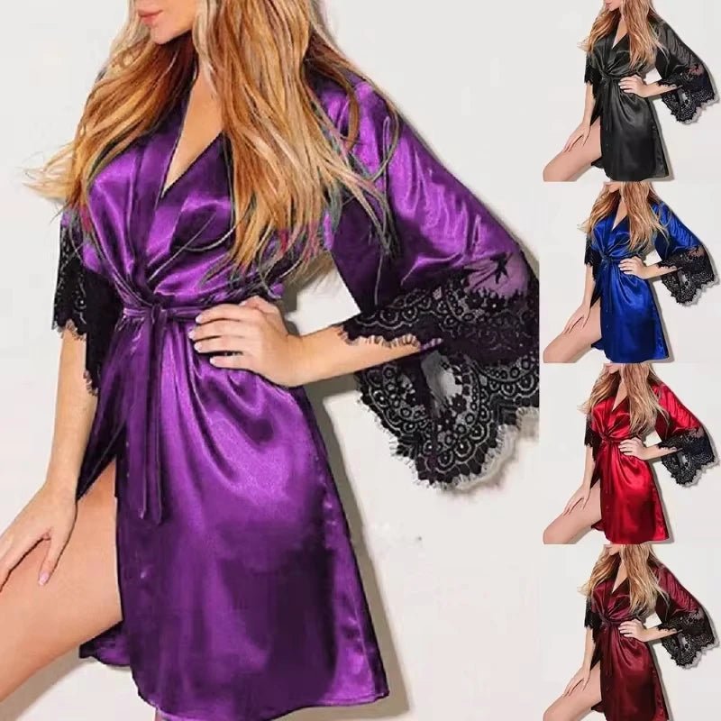 Women Night Gown Robe with G String Floral Lace Bathrobe Halt Sleeve Nightdress Female French Sexy Silky Satin Sleepwear - lily supply