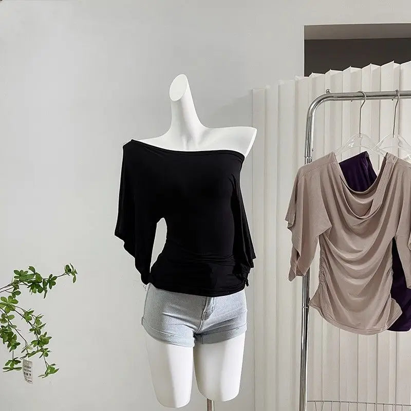 Women's Batwing Off Shoulder Cowl Neck Top - Korean Chic Tshirt