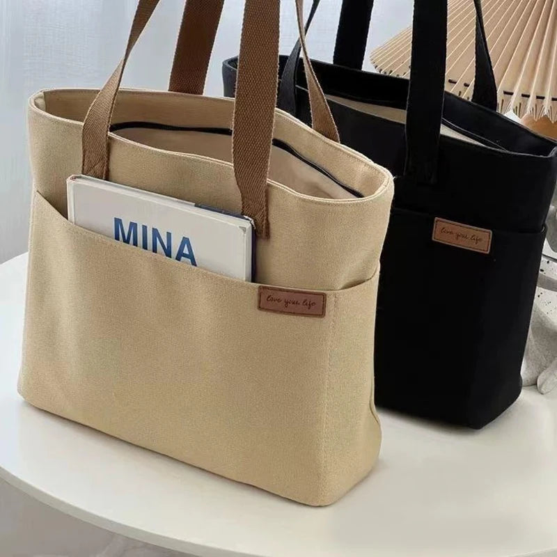 Women's 2-Layer Canvas Tote Bag - Large Capacity Student Commute Bag