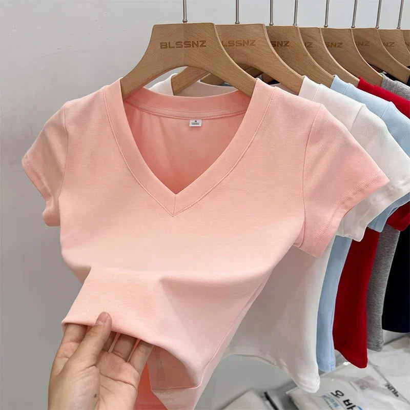 Women's Cotton V-Neck Slim Crop T-Shirt