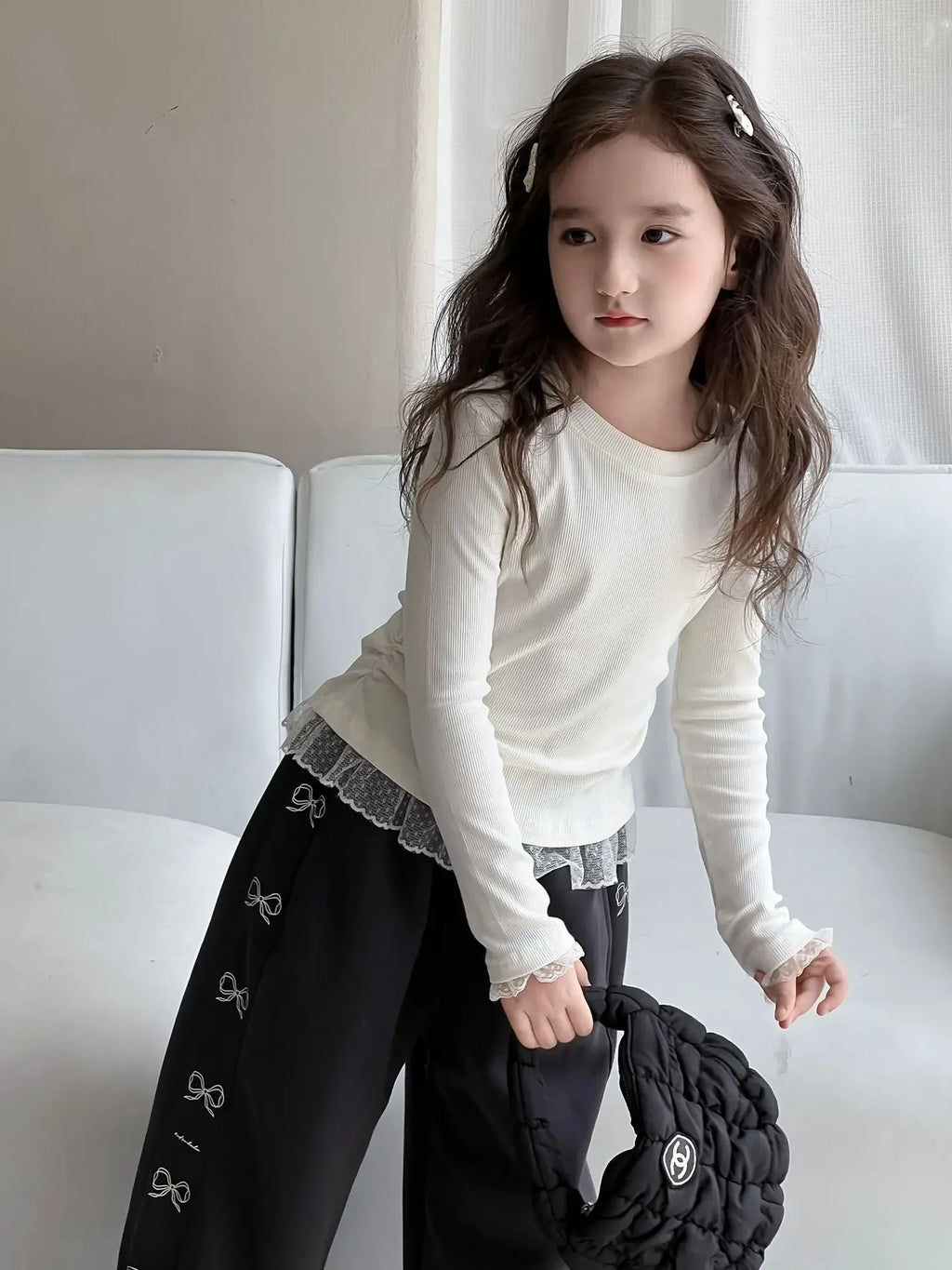 Girls Lace T-shirt 2024 Autumn New Slim - fit Top Children's High - elastic Knitted Top - lily supply