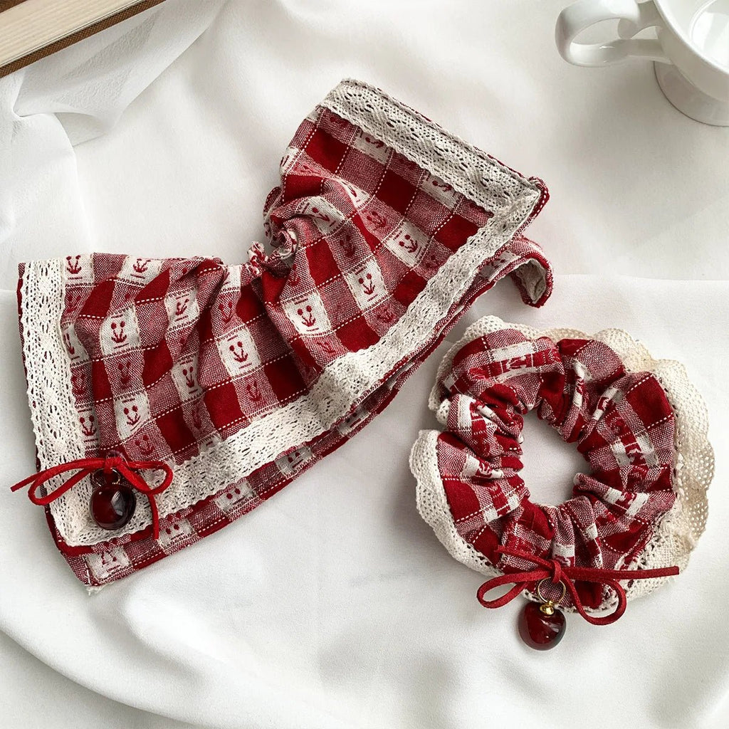 Red Check Cherry Lace Scrunchie - Sweet Square Scarf Hair Rope - lily supply
