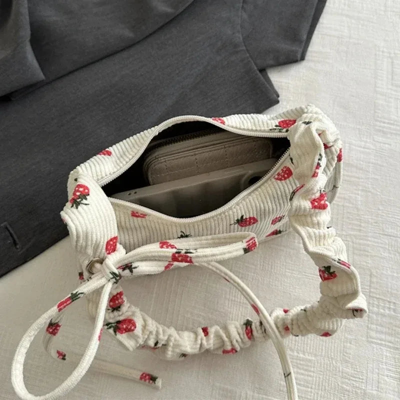 Women's Corduroy Strawberry Mini Shoulder Bag - Cute Half Moon Tote