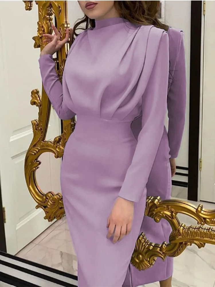 Women's Pleated Long Sleeve High Waist Dress