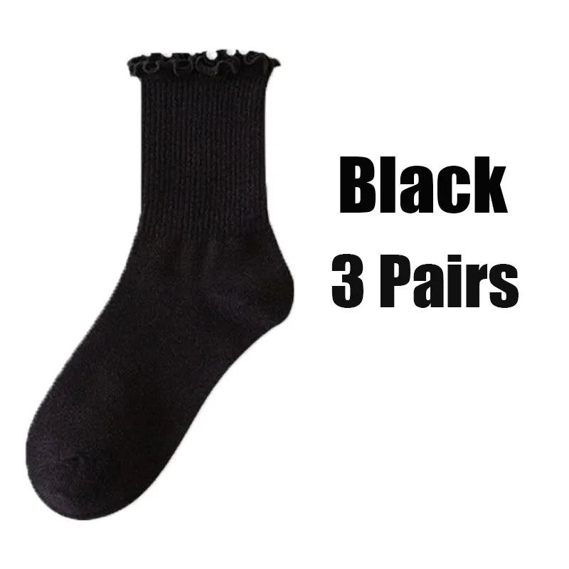 Women's Ruffle Mid Tube Ankle Socks - Breathable Cotton Black White Beige - lily supply