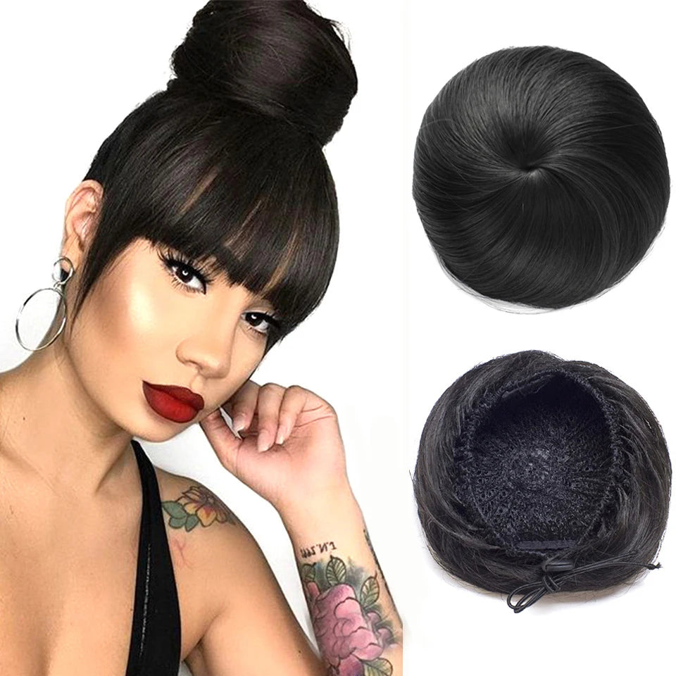 Adjustable Synthetic Straight Chignon Hair Bun - Drawstring Ponytail Extension