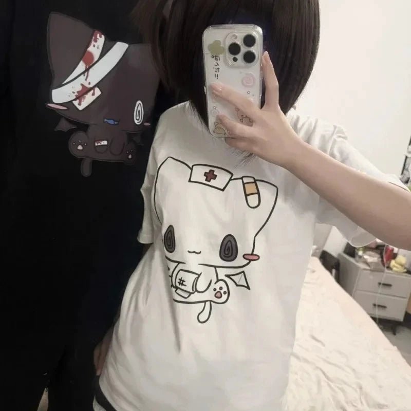 Women T Shirts Cartoon Printed Funny Couple Sweet Short Sleeve O Neck Loose Y2k Harajuku Tops Female Casual Tshirt - lily supply