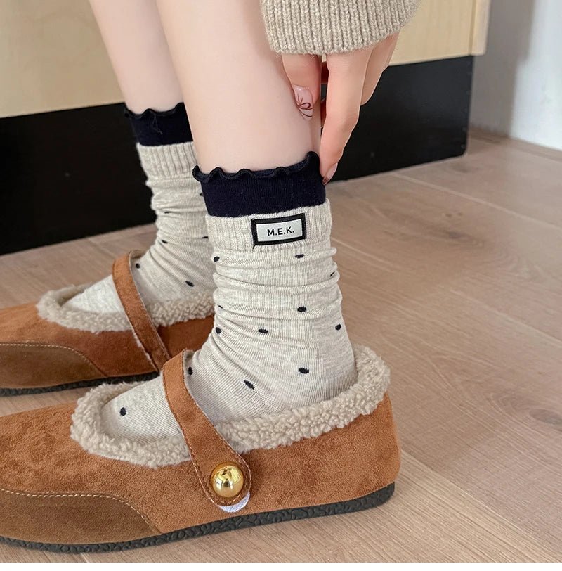 Women's Frilly Dots Preppy Long Cotton Socks – Sweet Knee High Socks - lily supply