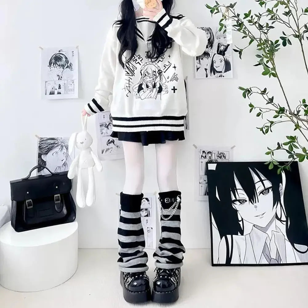 Black White Lolita Long Socks Knitted Japanese Winter Socks Gothic Women's Striped Leg Warmers Arm Ankle Warmers Wide Legs Cover