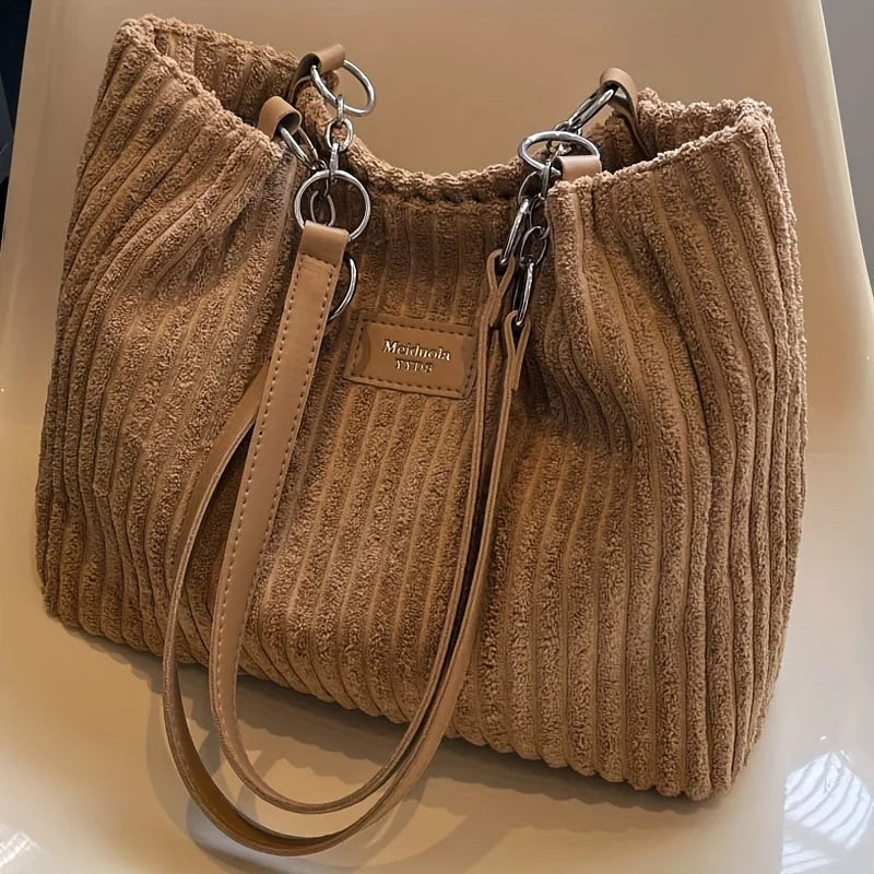 Women's Corduroy Plush Tote Bag - Large Capacity Commuter Travel Shoulder Bag