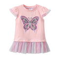 Girls Pink Flare Sleeve T Shirt Kids Sequined Colorful Butterfly Appliqued Ruffle Tees Kids Parties Casual Outings Cotton Tops - lily supply